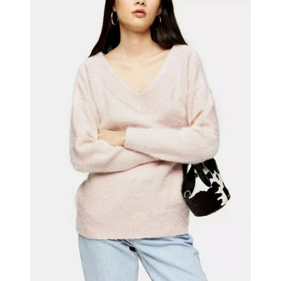 Topshop Sweaters - Topshop Pink V-Neck Knitted Brushed Bardot Fuzzy Pullover Sweater Women's 4/6